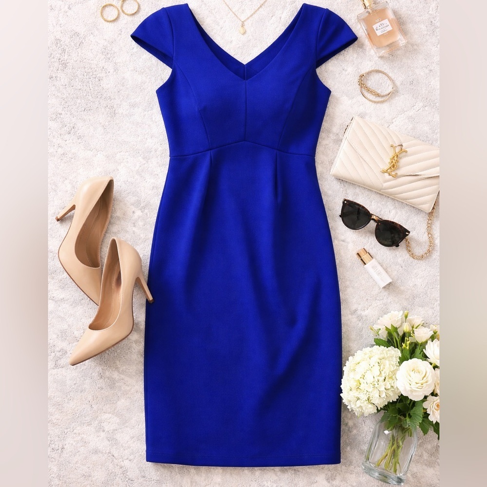 Connected Petite Blue Midi Sheath Dress Sz 8P NWT Work Office